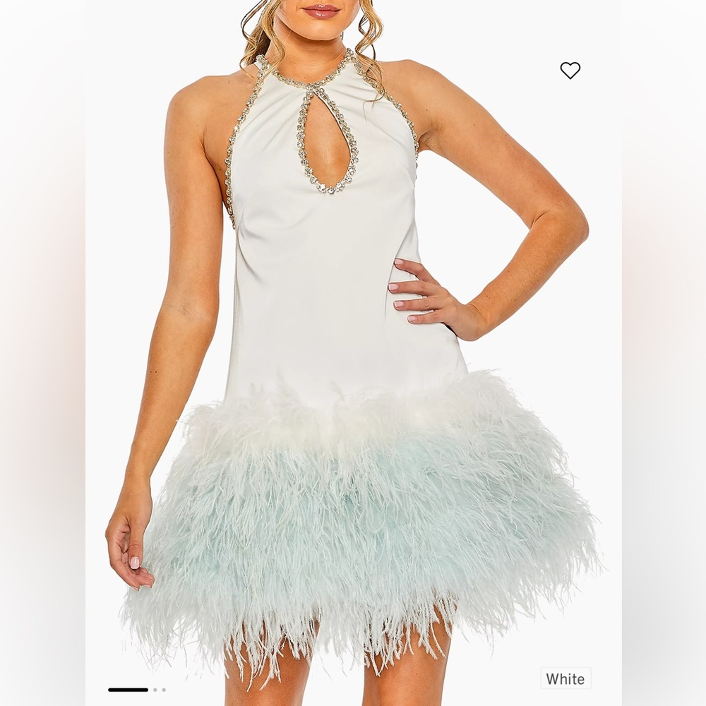 Mac Duggal White Feather Studded Dress